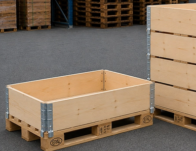 Wooden pallet collars on Euro pallets, once flat and once stacked in the warehouse.