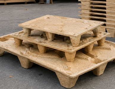 Stapel aus Pressholzpaletten auf dem Hof, daneben hohe Palettenstapel.