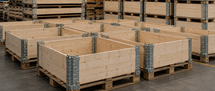 Gestapelte Holz-Palettenrahmen auf Paletten in einer Lagerhalle.