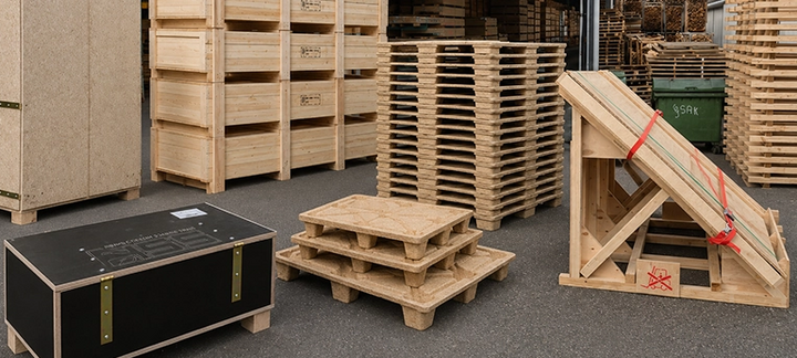 Various load carriers in the warehouse, including crates, pressed wood pallets, and a wooden frame with a tension belt.