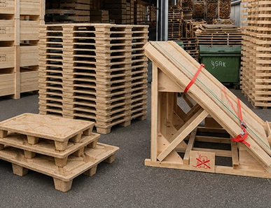 Various load carriers in the warehouse, including crates, pressed wood pallets, and a wooden frame with a tension belt.