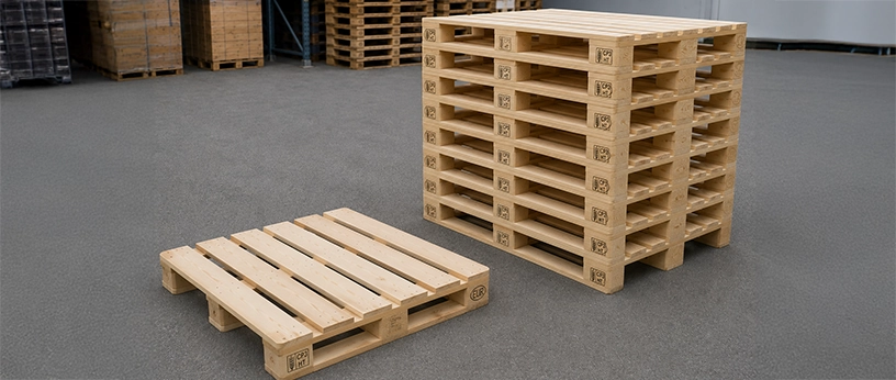 CP3-Chemiepaletten aus Holz, einzeln und als Stapel im Lagerbereich.