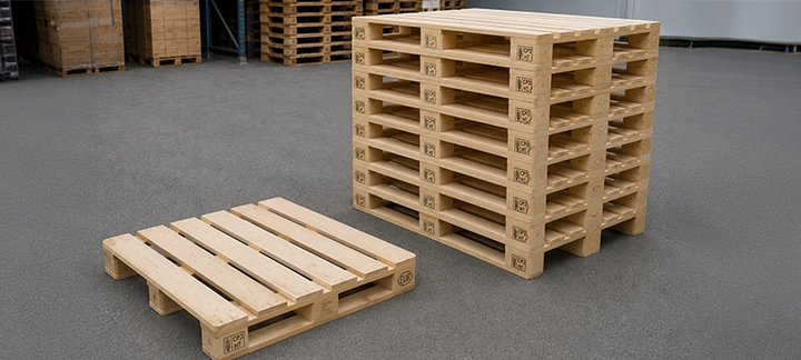 CP3 wooden chemical pallets, individually and stacked in the storage area.