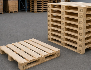 CP3 wooden chemical pallets, individually and stacked in the storage area.