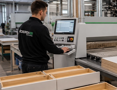 Mitarbeiter bedient eine CNC-Holzbearbeitungsmaschine in der Möbelfertigung.