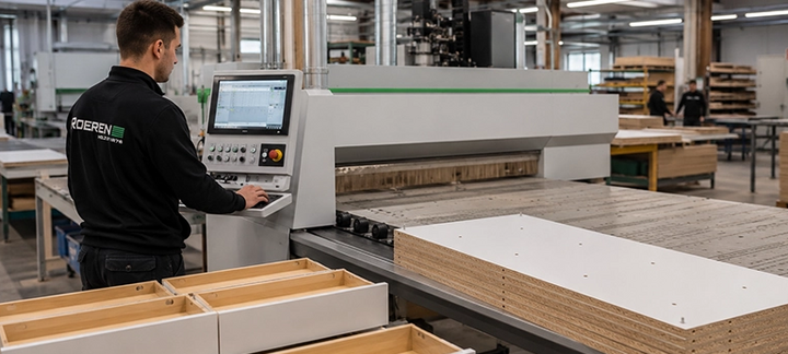 Employee operating a CNC machine at the control panel in the workshop.