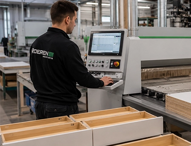 Employee operating a CNC machine at the control panel in the workshop.