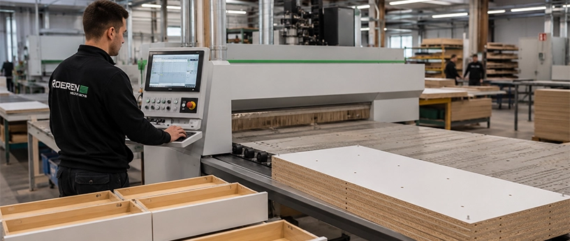 Mitarbeiter bedient eine CNC-Holzbearbeitungsmaschine in der Möbelfertigung.