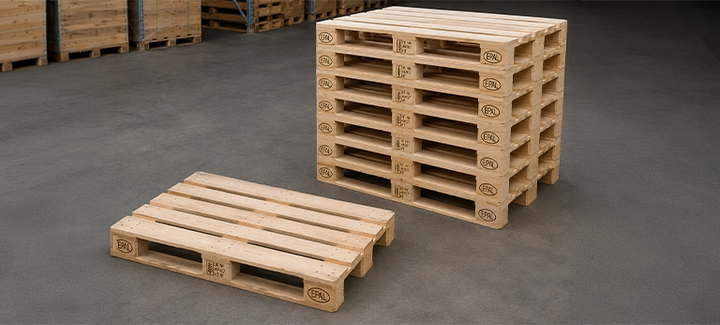 Europaletten aus Holz, einzeln und als Stapel im Lagerbereich.