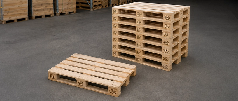 Europaletten aus Holz, einzeln und als Stapel im Lagerbereich.