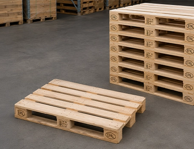 Wooden Euro pallets stacked in the storage area.
