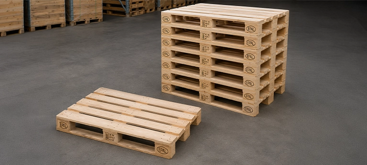 Wooden Euro pallets stacked in the storage area.