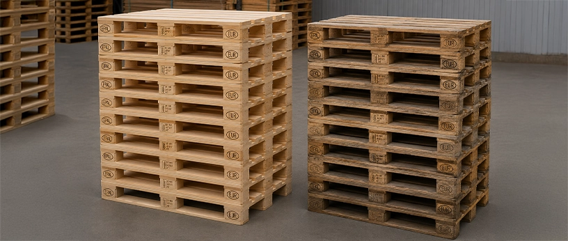 Europaletten aus Holz als Stapel im Lagerbereich.